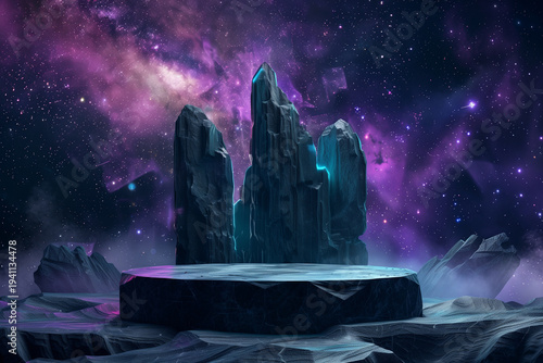 Dark crystalline 3D podium for innovative space product display