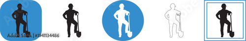 A collection of various vector graphic icon designs illustrating a construction worker or laborer standing confidently with one foot resting on a shovel.