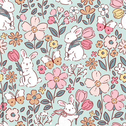 Cute tiny rabbits with spring floral. Seamless vector pattern. Liberty floral design on isolated background. Hand drawn Easter bunny pattern. 