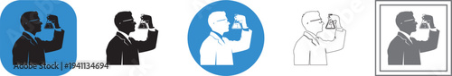 A collection of stylized vector graphic icons illustrating a male scientist or chemist inspecting a bubbling Erlenmeyer flask during laboratory research or chemical analysis.