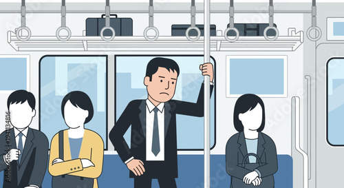 Commuter's stress on crowded train, businessman holding pole, tired expression