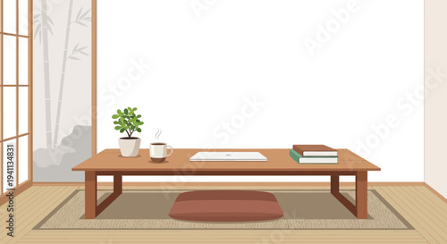 Cozy Japanese Room with Laptop, Coffee, and Plant on Low Table