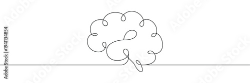 Continuous one line drawing of human brain. Mental health intelligence psychology and creative thinking process. Editable stroke outline. Single contour art. Doodle hand drawn vector illustration