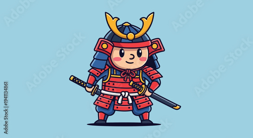 Cute Samurai Warrior Cartoon Character Holding Katana Sword