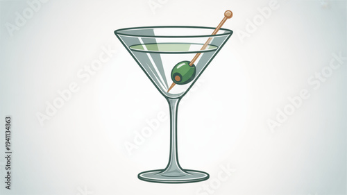 Martini cocktail glass with green olive garnish on a cocktail stick clear drink elegant stemware minimalist illustration sophisticated beverage luxury drink martini glass olive