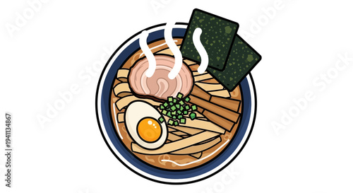 Delicious Ramen Bowl with Noodles, Egg, Pork, and Seaweed - Top View