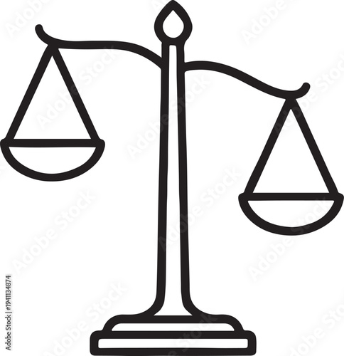Minimalist line drawing of a tilted balance scale with empty pans, symbolizing justice, fairness, and decision-making.