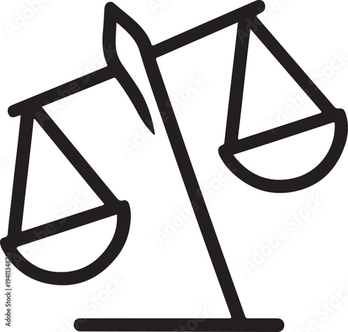 Minimalist line drawing of a tilted balance scale with empty pans, symbolizing justice, fairness, and decision-making.