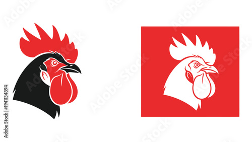 A black and red rooster head logo with a white outline