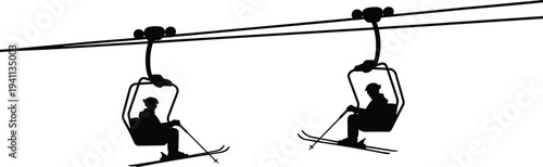 Silhouette of two skiers riding chairlift on mountain ski resort cable lift isolated on white background winter sports travel adventure concept alpine tourism recreation