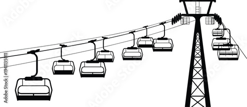 Ski chairlift cable system with multiple empty chairs and support tower silhouette, alpine mountain ski resort transportation concept isolated on light background illustration