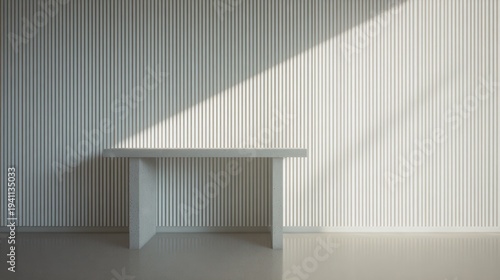 Minimalist architectural shot featuring a simple table against a textured wall and sunlight