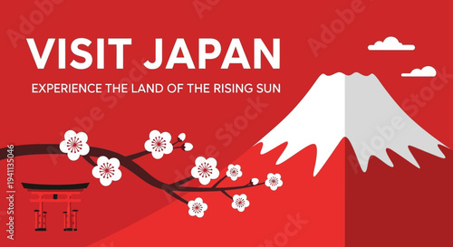 Visit Japan: Iconic Mount Fuji, Torii Gate, and Cherry Blossoms on Red Background