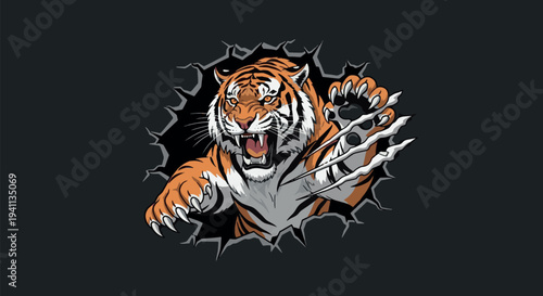 Fierce Tiger Clawing Through Ripped Metal Surface