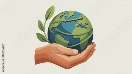 Hands cradling earth globe with green leaves symbolizing eco friendly care and environmental protection
