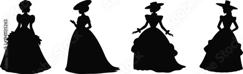Victorian era women silhouettes in elegant vintage gowns and hats, classic aristocratic ladies fashion illustration set isolated on light background, historical costume style