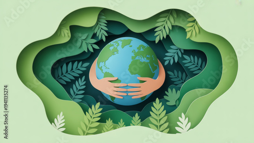Hands cradling earth globe surrounded by lush green leaves and foliage in a natural eco friendly environment
