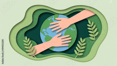 Hands protecting the earth with leaves symbolizing environmental care and sustainability