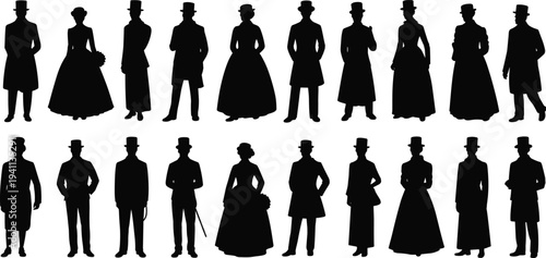 Victorian era people silhouettes collection with elegant men and women in vintage historical clothing, classic fashion characters set isolated on light background