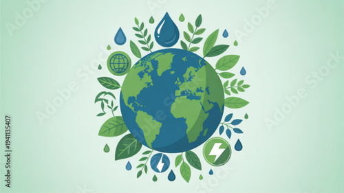 Earth surrounded by green leaves and eco friendly symbols on a light green background representing environmental conservation and sustainability