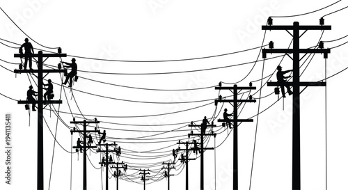 Black silhouette illustration of utility poles with electrical wires and workers performing maintenance tasks, showcasing infrastructure, safety, teamwork, and power distribution design concepts