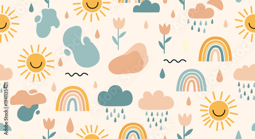 Cute weather pattern for children includes smiling suns, colorful rainbows, rain clouds, and flowers in soft pastel colors.