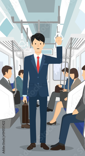 Businessman commuting on a crowded subway train, holding luggage