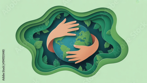 Hands cradling earth globe surrounded by green leaves on a light green background symbolizing environmental care and protection