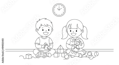 Coloring page illustration shows a young boy and girl sitting on the floor playing together with various toy blocks.