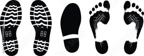 Detailed black and white footprint and shoe sole impression set including rugged boot tread, dress shoe print, and bare human foot for forensic and design use