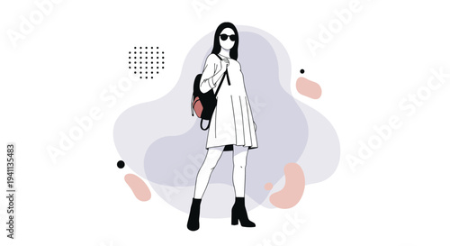 Stylish fashion sketch of a woman wearing a white dress and sunglasses with a backpack against abstract organic shapes.