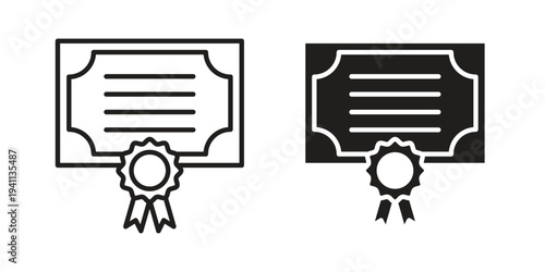 Certificate icon black, line, flat vector, isolated illustration.