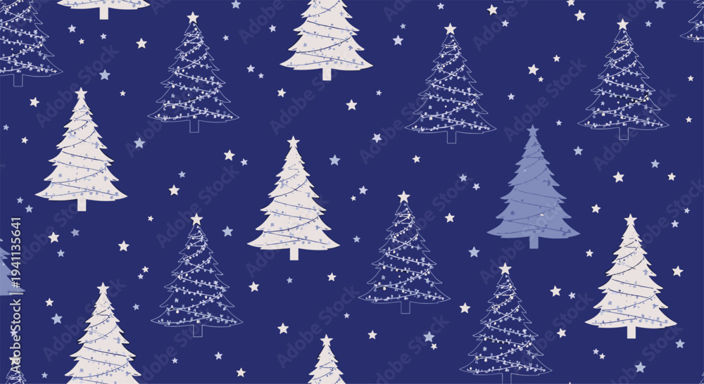 Obraz premium Christmas tree pattern with glowing stars and festive decorations creates a holiday atmosphere on a dark blue background.