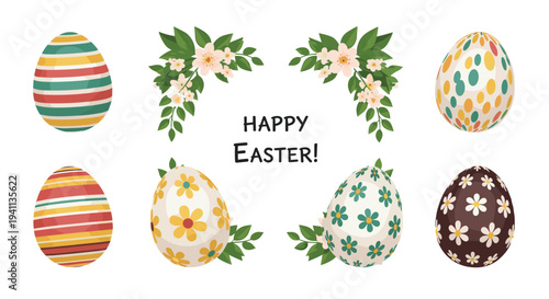 Happy Easter celebration card features decorated eggs with various patterns and beautiful pink spring flower arrangements.