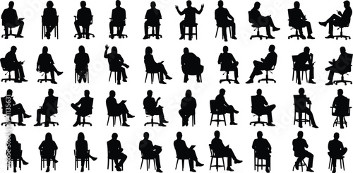 Silhouette illustration of forty individuals seated on different chair types in diverse postures and gestures, representing ergonomics, lifestyle, design, and human body language studies