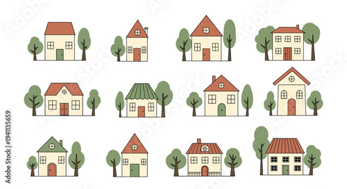 Collection of charming hand drawn houses and green trees provides a diverse set of architectural illustrations for design.