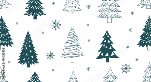 Seamless winter pattern includes various styles of stylized pine trees and delicate snowflakes on a white background.