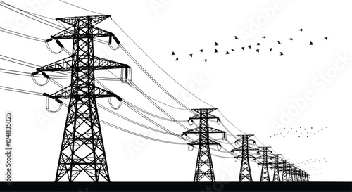 Silhouette of high voltage transmission towers with flocks of birds flying above, symbolizing energy infrastructure and harmony between technology and natural environment