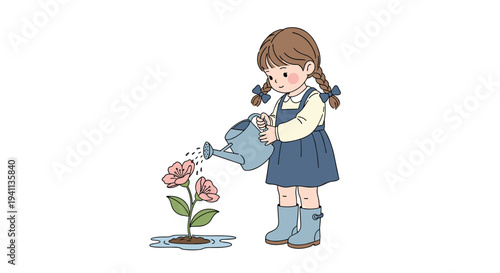 Charming illustration of a young girl with pigtails carefully watering a pink flower with a blue watering can.