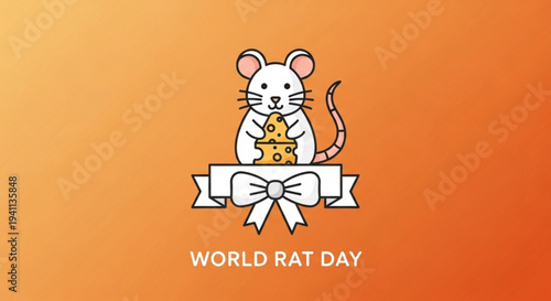 World rat day illustration with cartoon mouse holding cheese on orange background