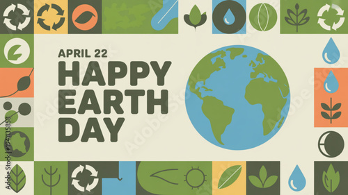 Earth day poster with eco friendly icons and globe illustration on april 22