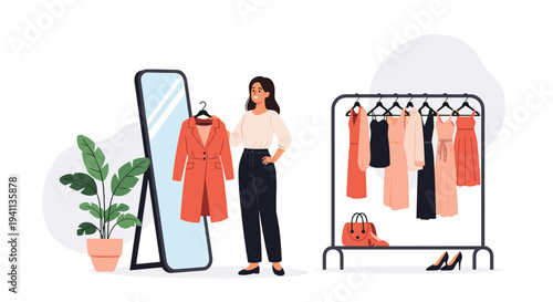 Fashionable woman standing in front of a mirror evaluates an orange coat while more clothes hang on a rack nearby.