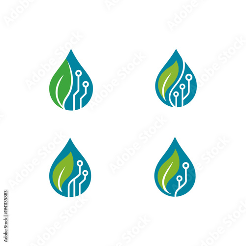 Four identical blue and green teardrop logos with white circuit lines on a plain white background