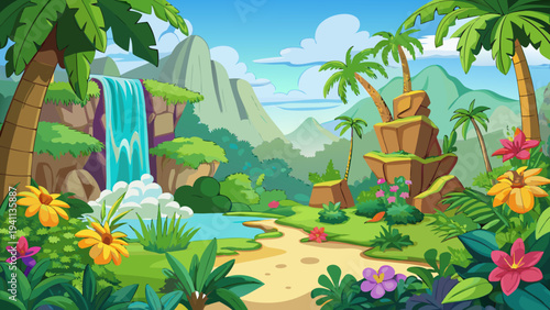 Exotic Jungle Waterfall with Mist and Tropical Flowers Vector Illustration