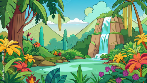 Exotic Jungle Waterfall with Mist and Tropical Flowers Vector Illustration