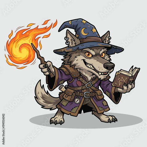 Cartoon Wolf Wizard Casting Fire Spell