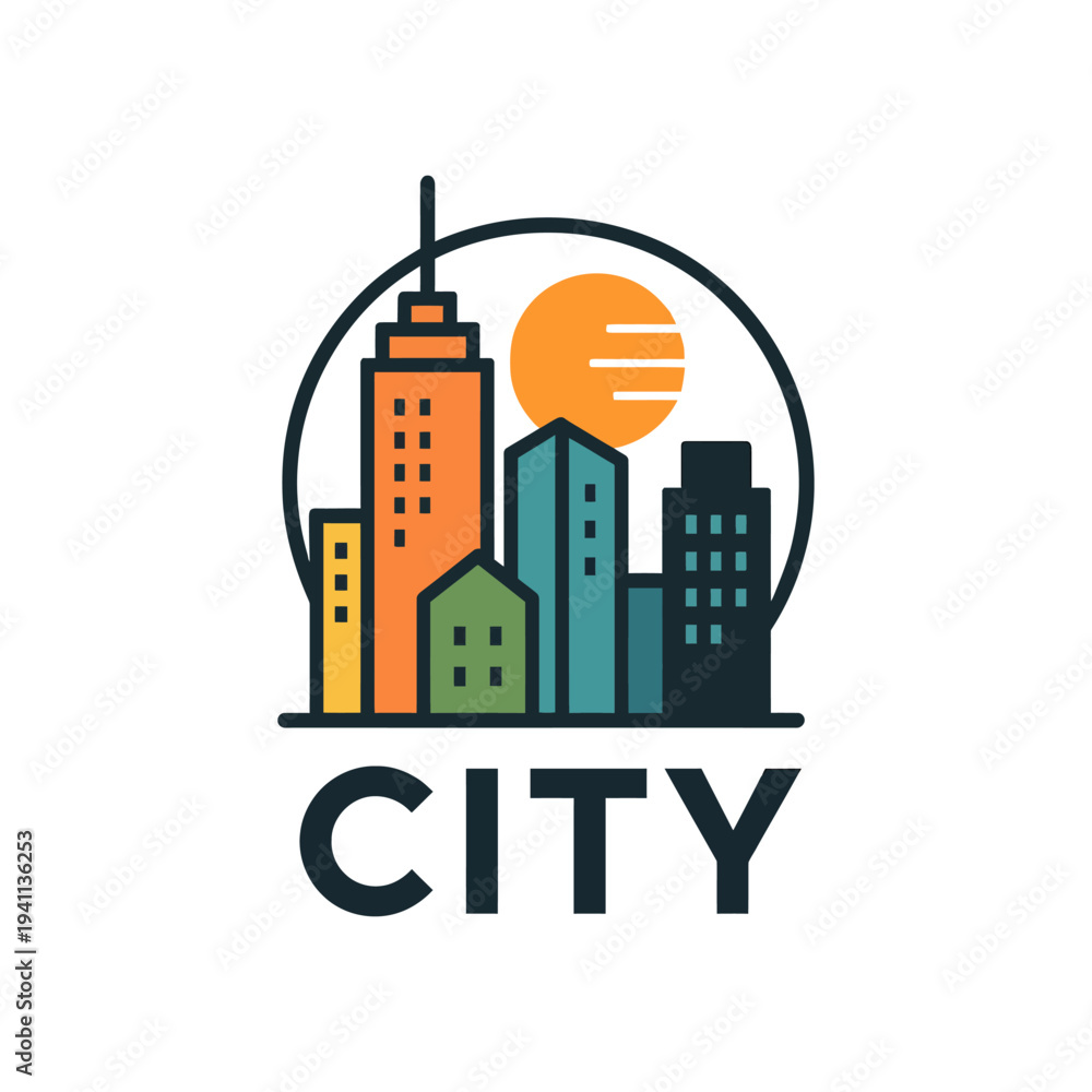 Obraz premium A colorful cityscape illustration featuring buildings and a sunset within a circle on a white background