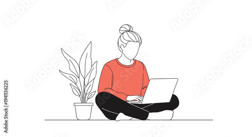 Focused young woman sitting on the floor works on her laptop in a simple line art style with a red sweater accent.