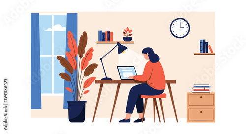 Young woman working on a laptop in a comfortable home office environment with a desk lamp plants and books on a shelf.