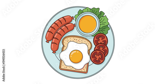 Healthy breakfast plate featuring a fried egg on toast two sausages sliced tomatoes and a small bowl of honey or sauce.